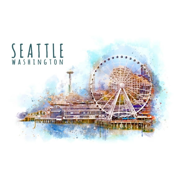Seattle Skyline, Ferris Wheel, Watercolor (36x54 Giclee Gallery Art Print, Vivid Textured Wall Decor)