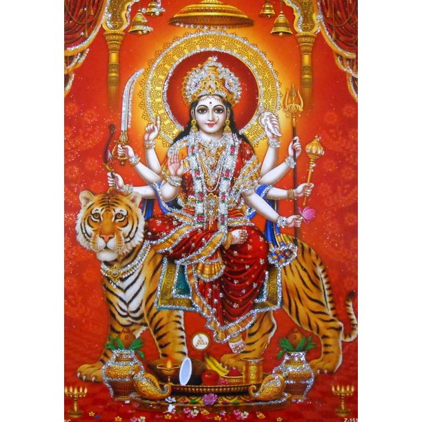 Goddess Durga Poster Reprint Hindu Goddess Sheran Wali Mata Picture With Glitter Unframed 4920