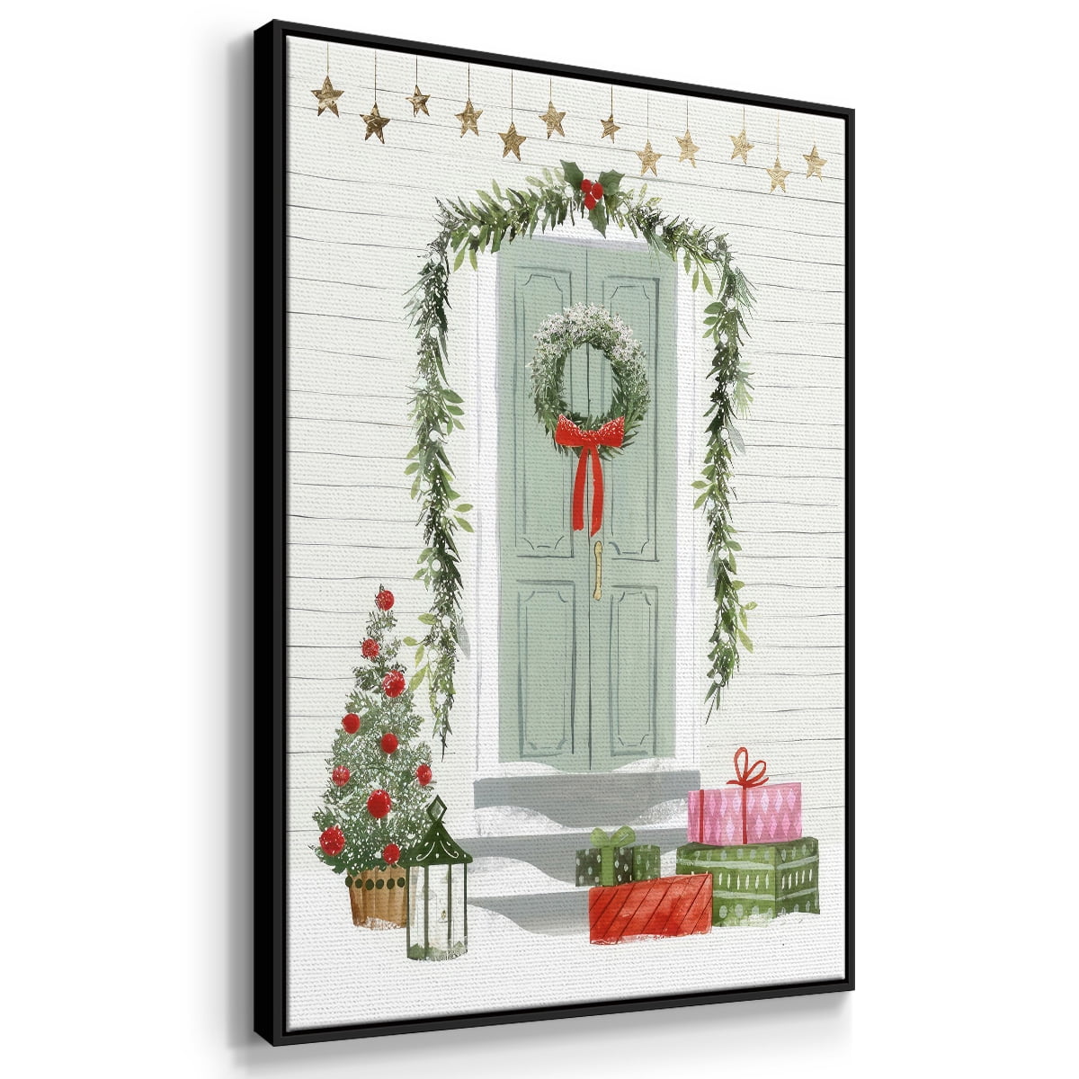 Festive Front Door I - Framed Gallery Wrapped Holiday Canvas - 17 x 25 - Black Frame