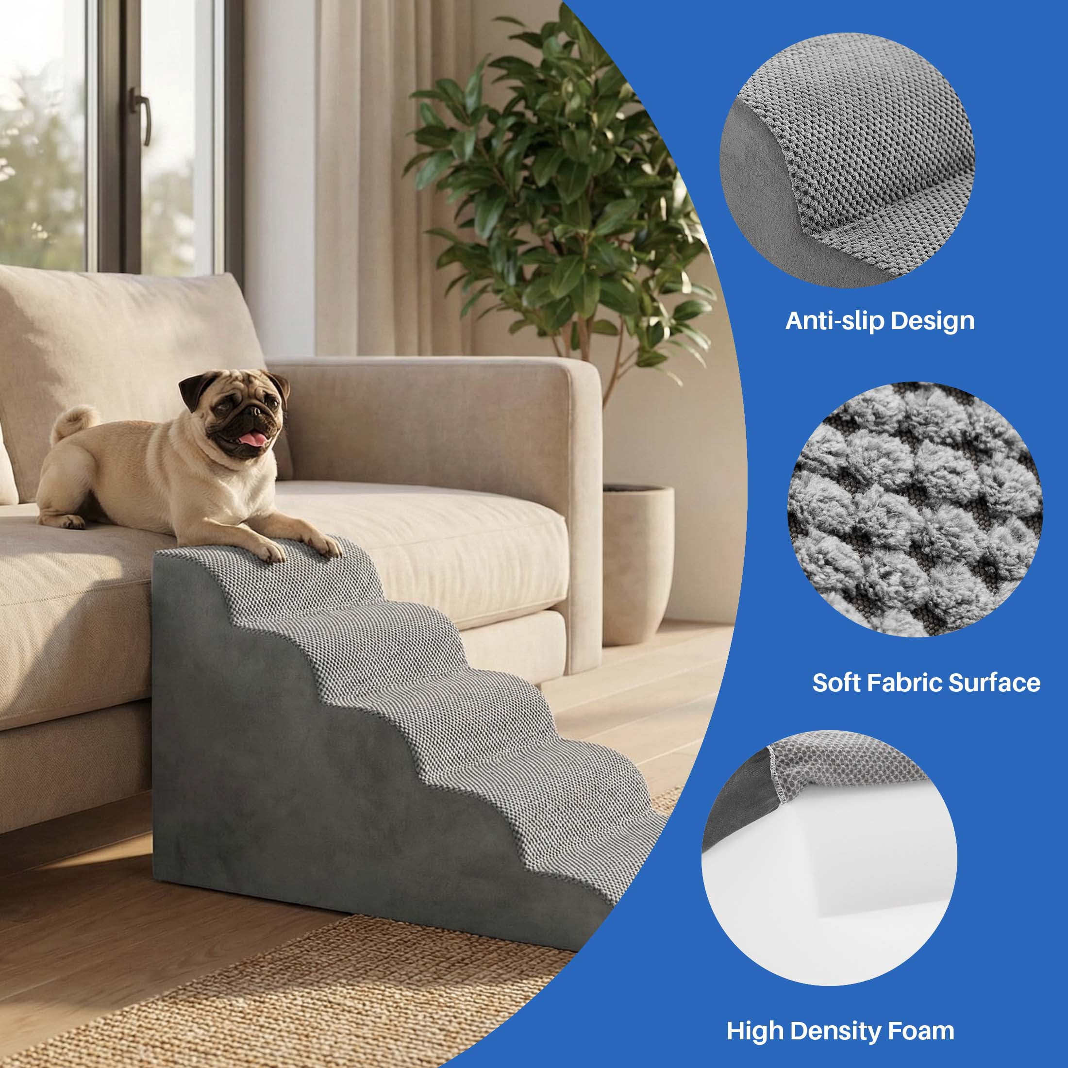 EDX 5-Step 23'' Tall Dog Stairs, Rounded-Corner Design, Non-Slip Foam Core, Easy Clean, Indoor & Outdoor Use for High Beds & Sofas