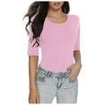 thumbnail image 3 of T Shirts for Women Half Sleeved Crop Solid Color Basic Slim Fit Tee Tops Pink Fashion Casual Blouses M, 3 of 6