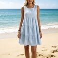 thumbnail image 1 of Robes Mini pour Femmes à Col Rond Sans Manches Style Plage et Villégiature Légères et Respirantes à Imprimé Rayé Ourlet à Étages Coupe Ample Robes, 1 of 6