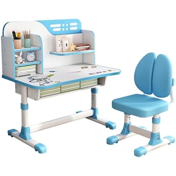Kids Desk and Chair Set,Height Adjustable Children Study Desk Chair Set,School Student Writing Desk Table with Drawer Bookstand,Ergonomic Student Learning Table Desk Chair for Girl Boy, Blue B