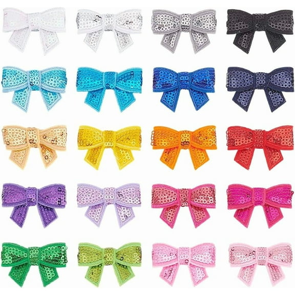 1set 20pcs Colorful Mini Bowknots Sequin Felt Patches Shiny Small Bow Iron on Applique Embroidered Patches for Clothing Hat bag Garment Embellishment Craft Making Accessories