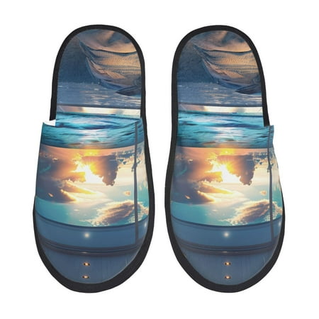 Balery Ocean View Bedroom Slient Indoor Furry Fleece Comfort House Shoes Soft Non-Slip Home Shoes Cotton slippers House Slippers-- Medium