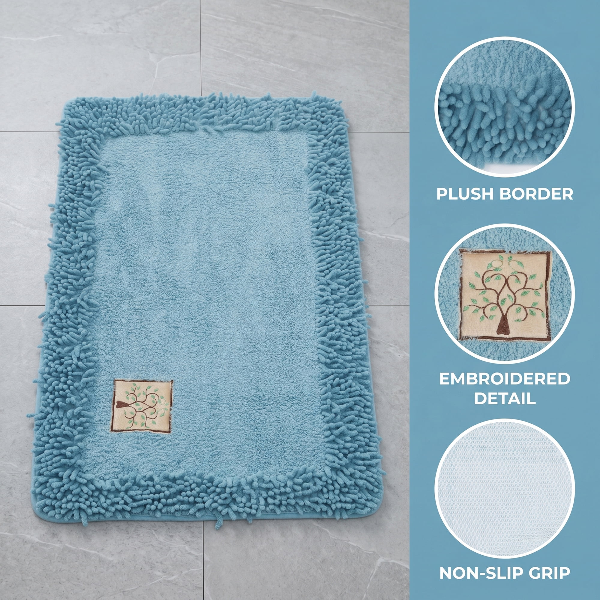 Unique Bargains Chenille Non Slip Bath Mat Ultra Soft Absorbent Shower Rug Blue 24" x 16"