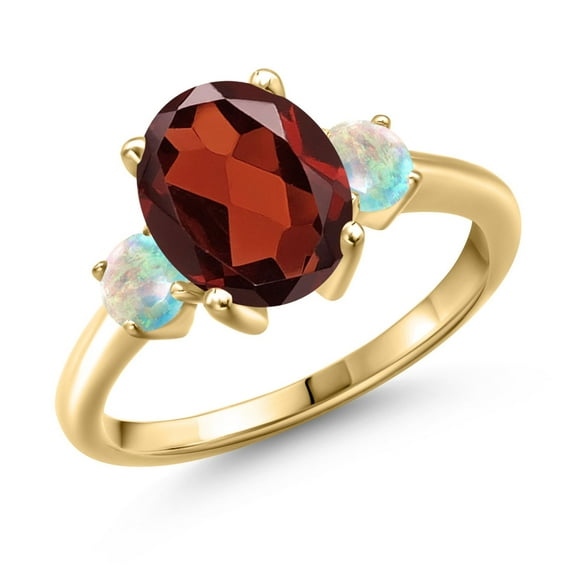 Gem Stone King 3.30 Ct Oval Red Garnet White Simulated Opal 18K Yellow Gold Plated Silver Ring (Size 7)