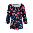 thumbnail image 4 of thefmos Women's Round Neck 3/4 Sleeve Button Pullover Top Print Loose Fit Casual Blouse Fashion Fall Summer Outfit, Blue 2XL, 4 of 5