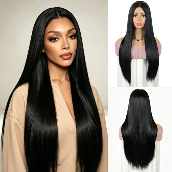 QUEENTAS 24 Inch Glueless Long Straight Black Wig for Women – Synthetic Heat-Resistant Wig, Wear & Go Pre-Plucked Natural Hairline, Everyday & Party Wig (Black)