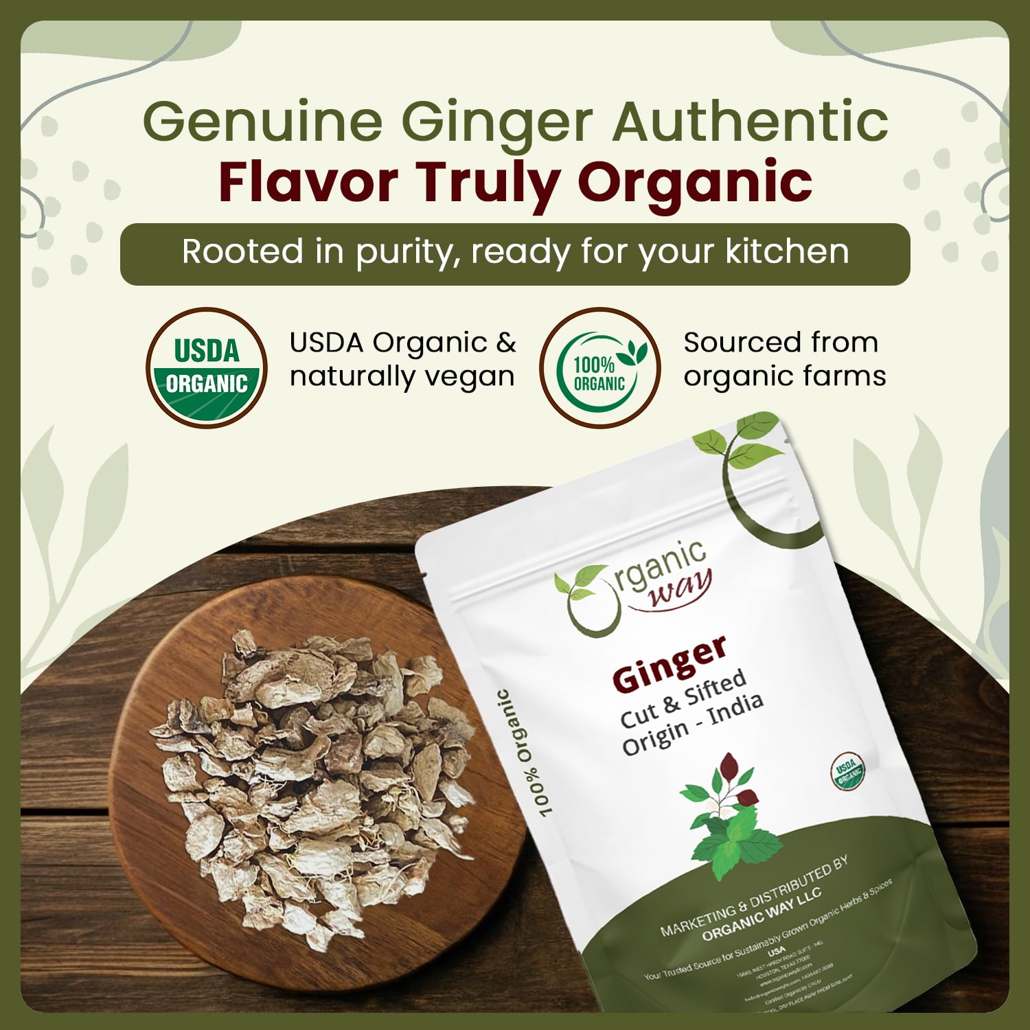 Organic Way Dried Ginger Root, Cut & Sifted, Kosher & USDA Certified, Vegan, Non-GMO, Gluten-Free, 16 oz