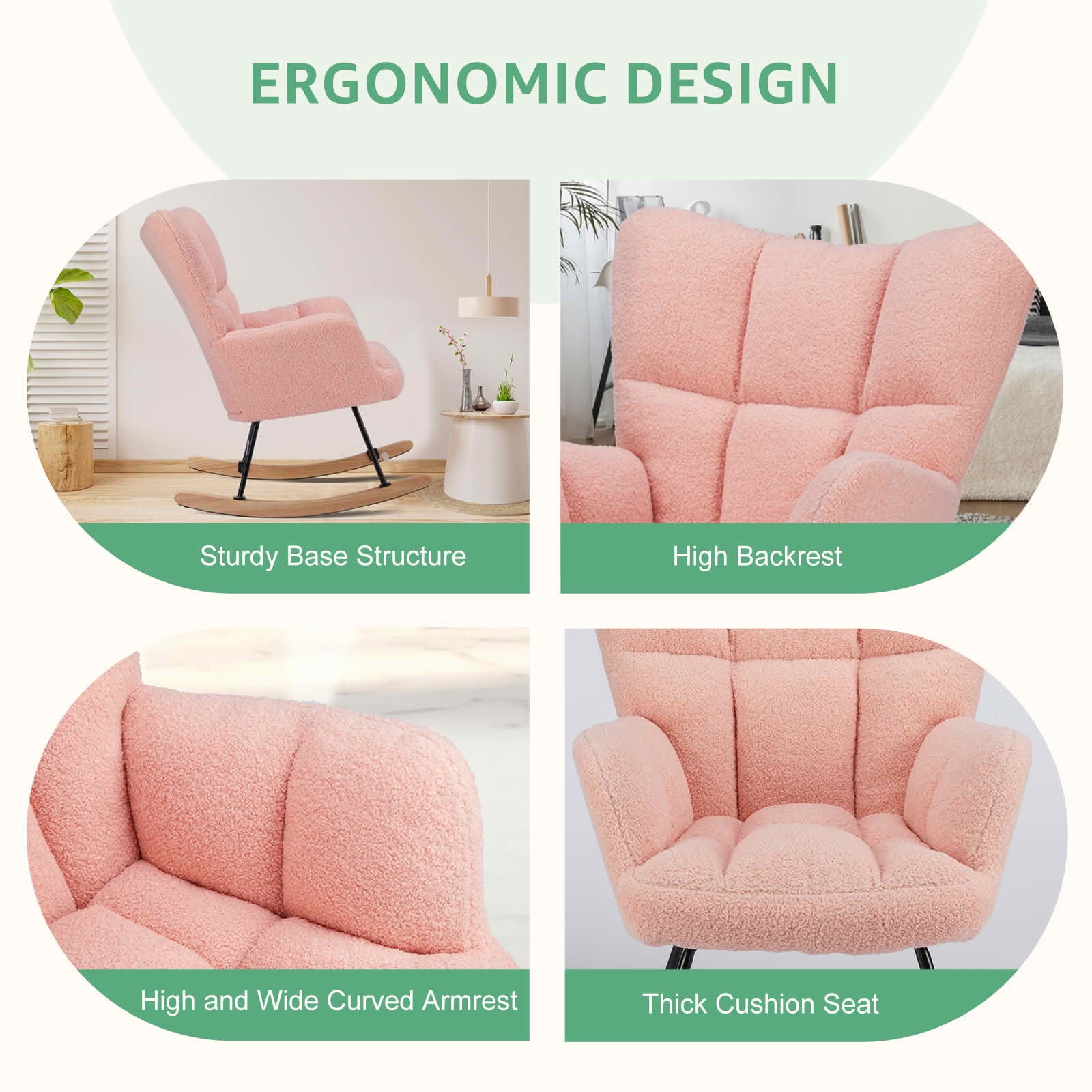 MAYEERTY Teddy Upholstered Modern Glider Rocker High Backrest Reading Chair for Nursery Bedroom Living Room
