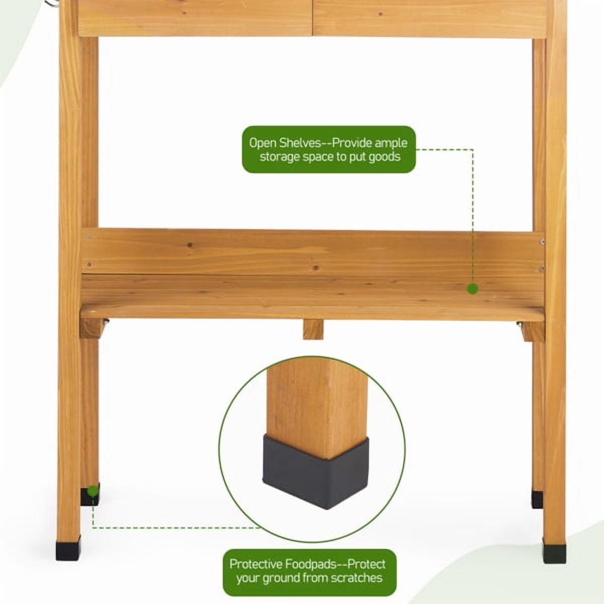 Outdoor Garden Potting Bench Table, Wooden Horticulture Planting Worstation with Metal Tabletop, 2 Drawers, Storage Shelf, 3 Hooks, Natural Wood