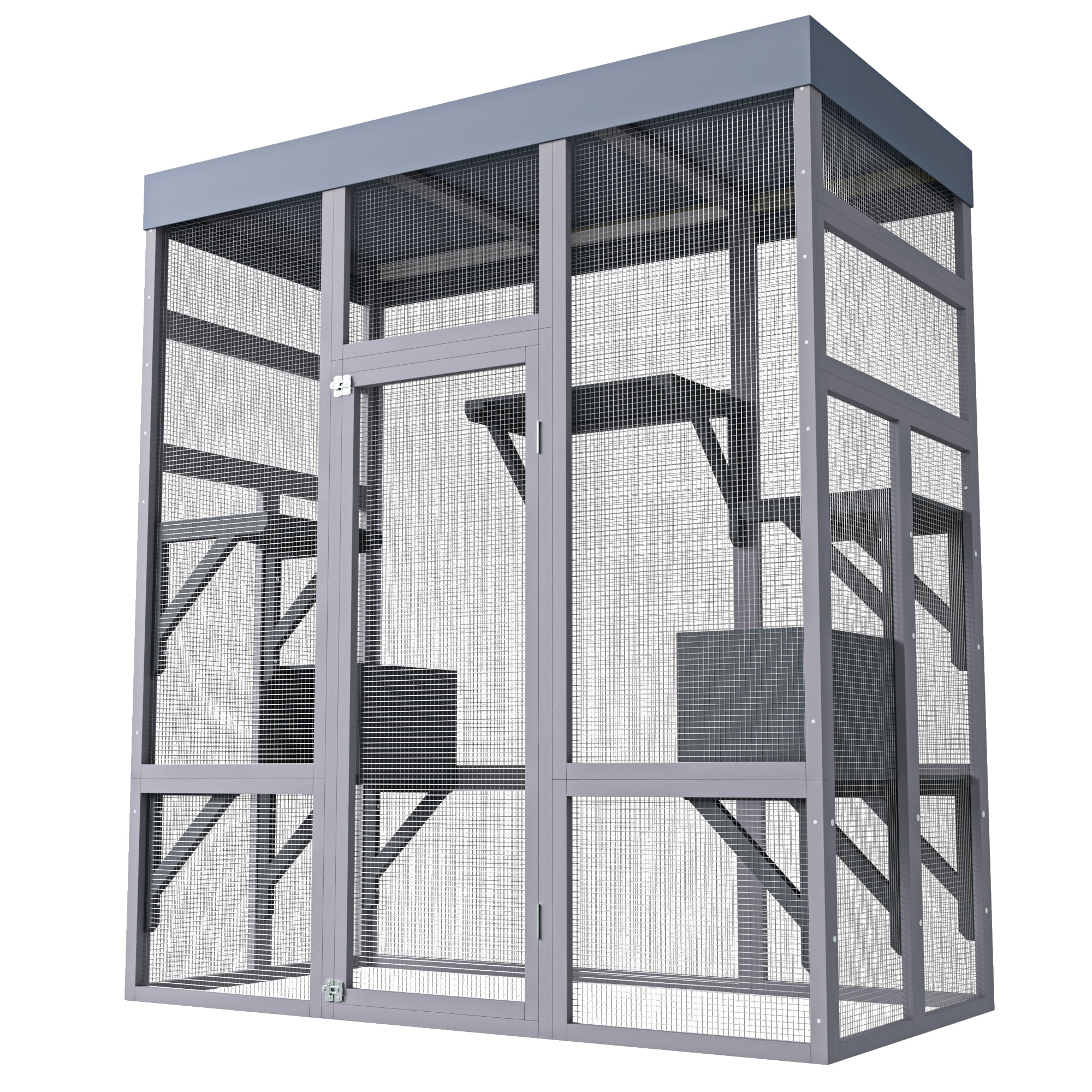 70＂H Catio Outdoor Cat Enclosure, Large Wood Cat House for Multiple Cats with Waterproof Roof, Cat Shelter Enclosure with 7 Jumping Platforms and 2 Napping House