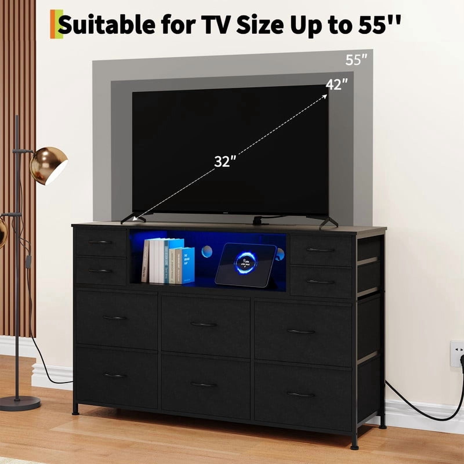 TROPOW 10 Fabric Drawers Dresser with LED Lights, Entertainment Center with Charging Station, Wood Top, Open Shelves, TV Stand for 40"-55" TV, Chest of Drawers for Bedroom Living Room Hallway