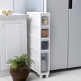 thumbnail image 1 of Armoire Haute Étroite pour Salle de Bain, Unité de Rangement Verticale avec 4 Tiroirs Transparents et Roulettes, Commode Étroite Autoportante Chariot de Rangement, Largeur 14cm/22cm, Sans Assemblage, 1 of 1