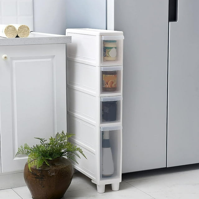Armoire Haute Étroite pour Salle de Bain, Unité de Rangement Verticale avec 4 Tiroirs Transparents et Roulettes, Commode Étroite Autoportante Chariot de Rangement, Largeur 14cm/22cm, Sans Assemblage