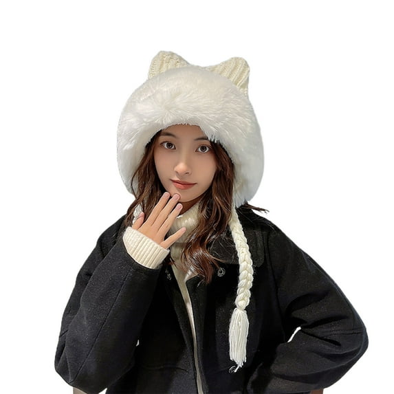 Women Fluffy Knit Beanie Hat, Winter Plush Warm Knit Cat Ear Skull Cap Outdoor Ear Cover