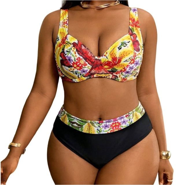 Plus Size Bathing Suits for Women Tummy Control Printed Suspender Side Strap Split Swimsuit 2 Pc Set
