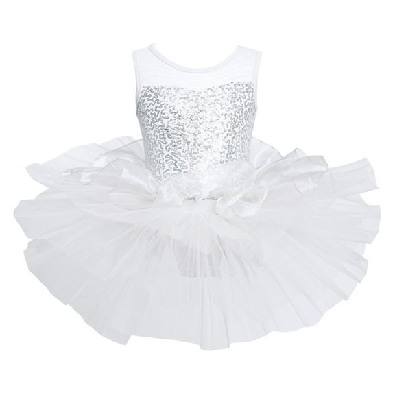 Alvivi Girls Sequins Mesh Gymnastics Ballet Leotard Tutu Dress Dance Costume White 12