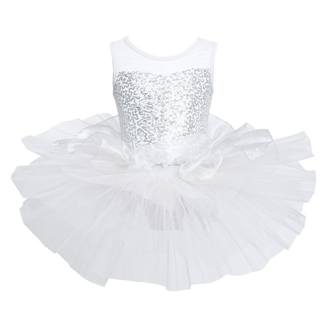 Oyolan Robe Tutu de Danse Ballet à Sequins Brillants pour Filles, Gymnastique, une Pièce, Superposée, Blanche 14