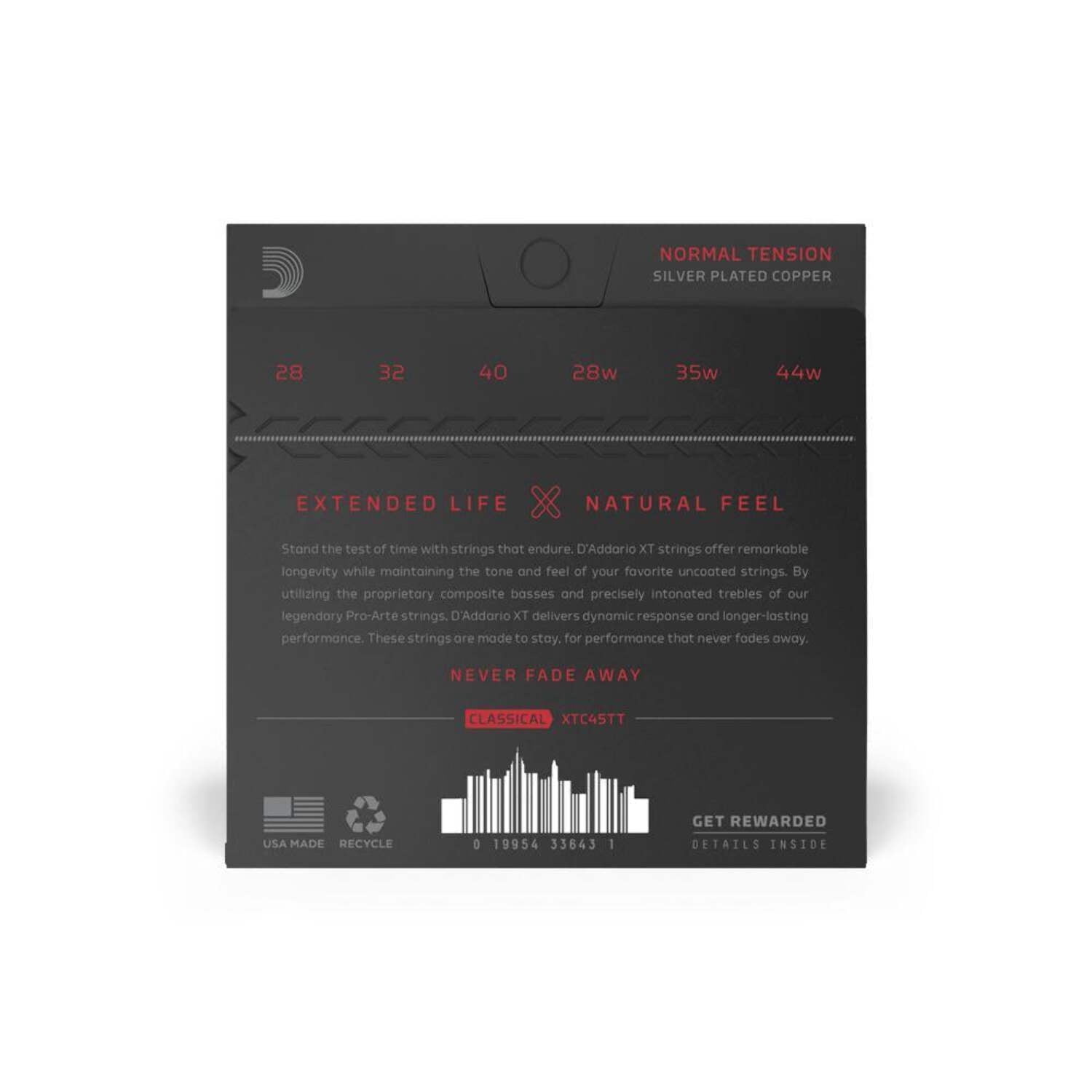 D'Addario XT Silver-Plated Copper Dynacore Titanium Classical Guitar Strings, Normal Tension, Light, 28-44w