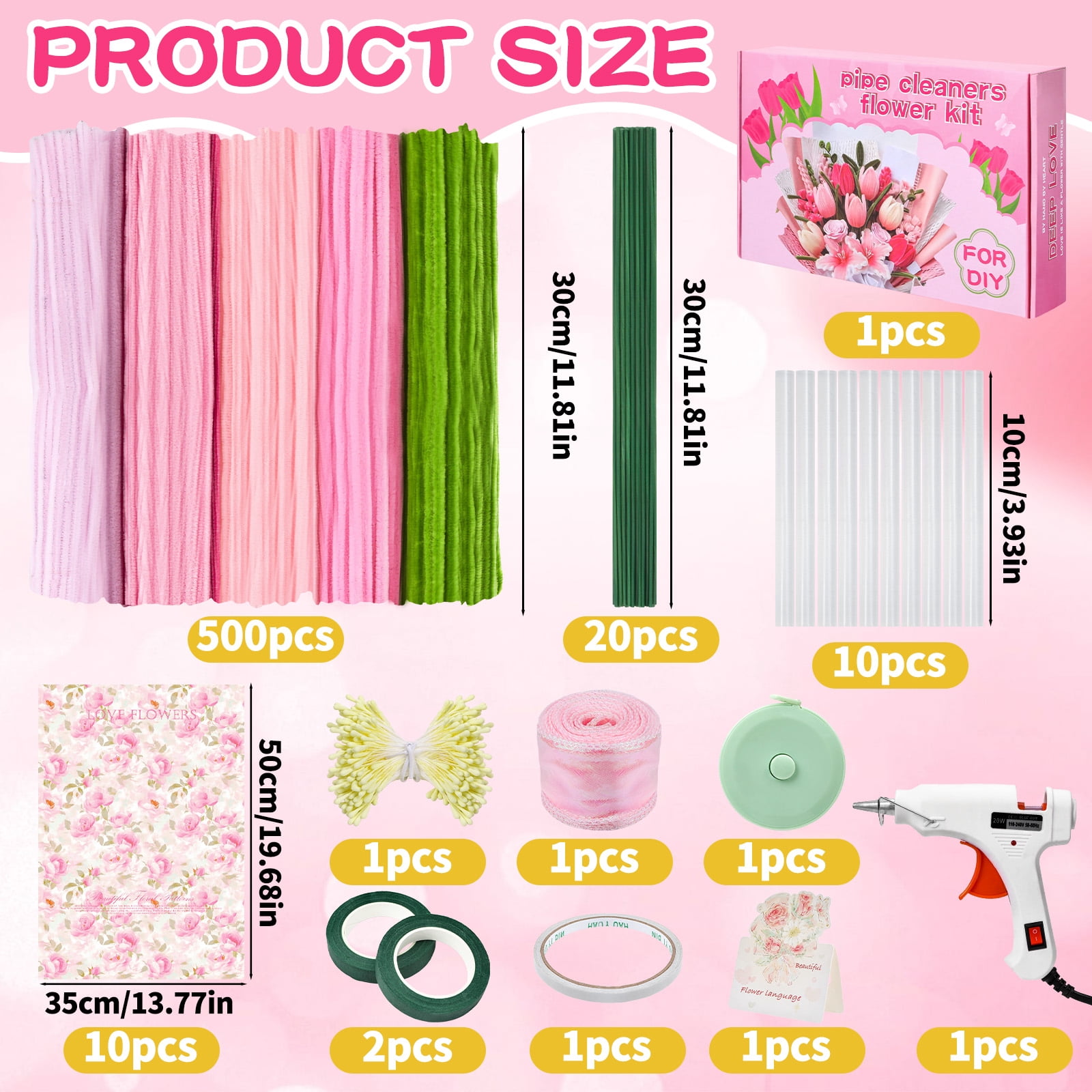 Natonhi 500 Pcs Thick Pipe Cleaners for DIY Flowers & Crafts – 5 Colors Chenille Stems with Glue Guns & Tape Measure – Perfect for Family Fun & Creativity, Holiday & Room Decorations