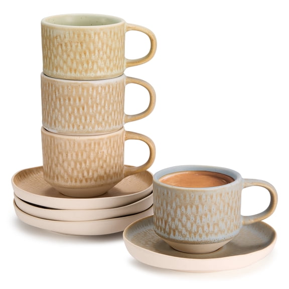 Kook Espresso Mug and Saucer Set 5.5 oz, Set of 4, Neutral Multicolor