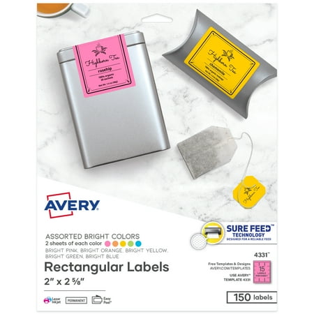 UPC: 0072782043315 | Avery Labels with Sure Feed  Assorted Bright Colors  2  x 2-5/8   Laser/Inkjet  150 Labels (4331)