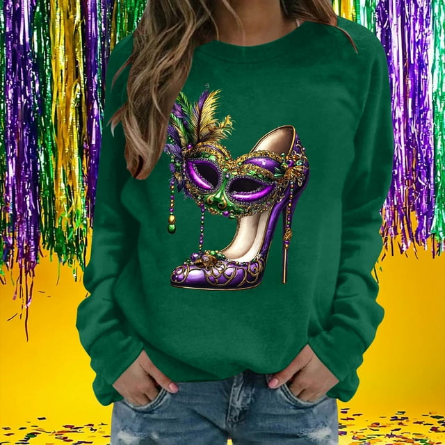 Xuyuer Women's Carnival Printed Long Sleeved Round Neck Mardi Gras Sweatshirt Carnival Outfits Women Carnival Sweatshirts Fat Tuesday Fashionable Pullover Tops