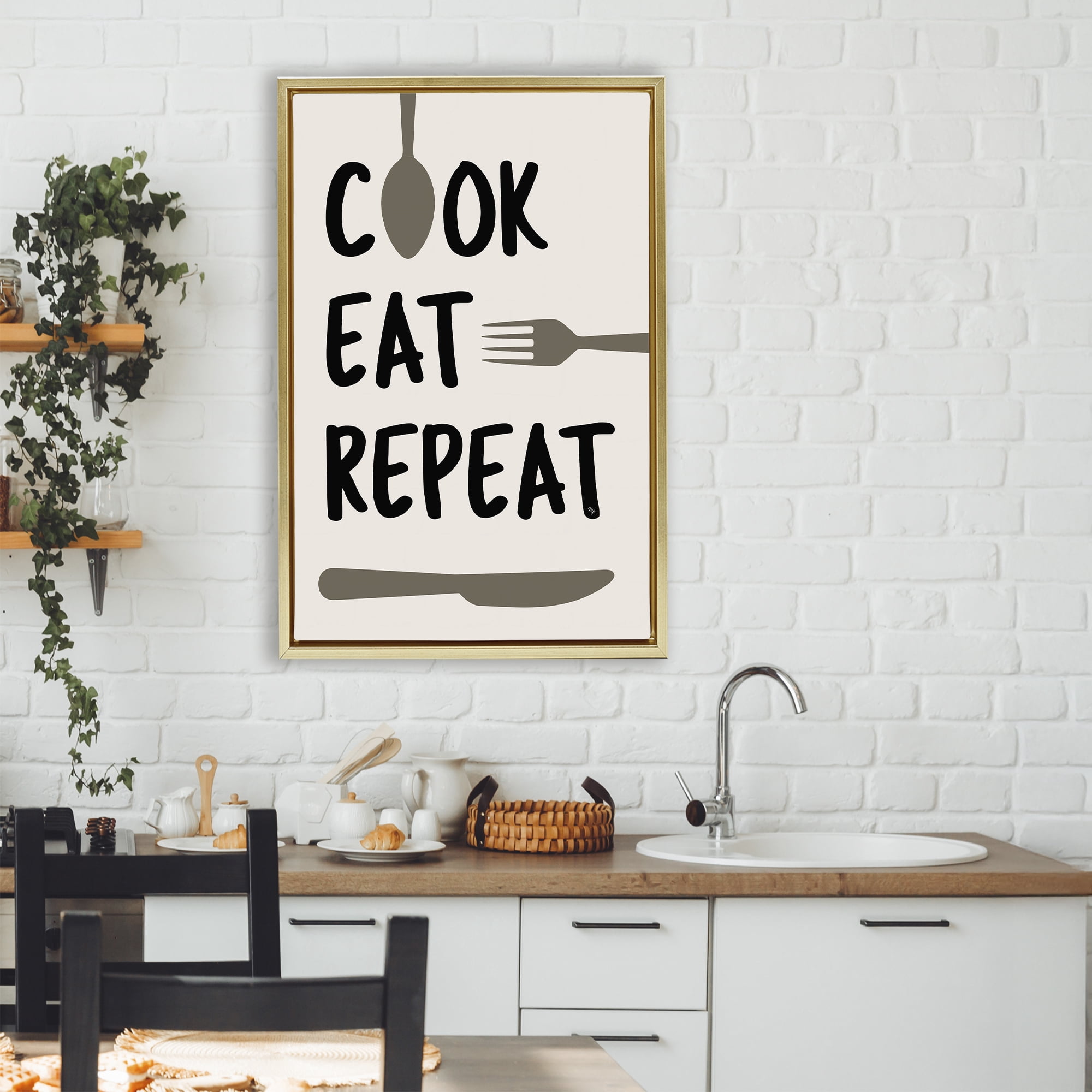 Stupell Industries Cook Eat Repeat with Utensils Gold Framed Floater Canvas Wall Art, design by Martina Pavlova