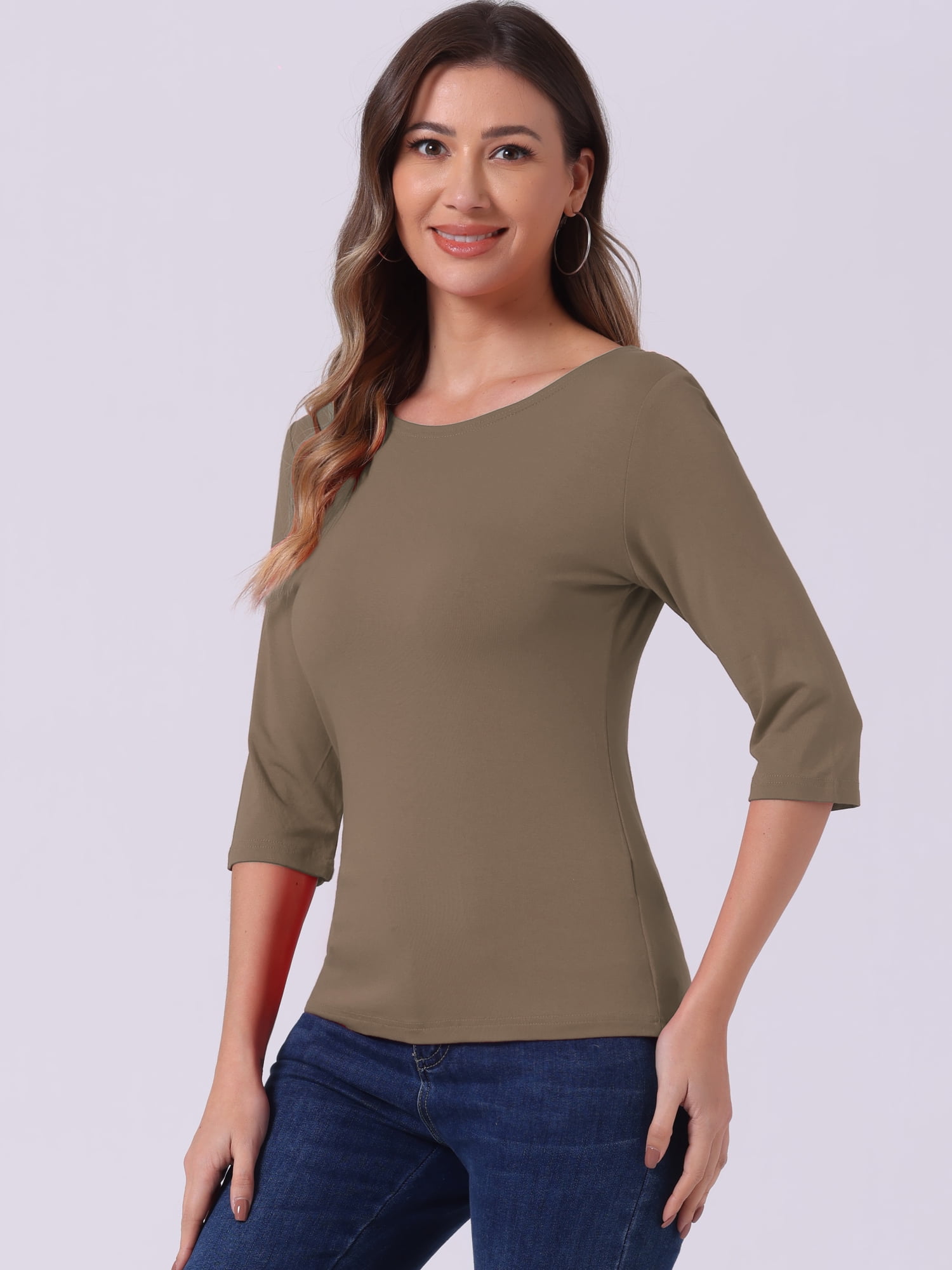 DARING DIVA Women's Elbow Sleeves Boat Neck Slim Fit Classic Tee XS Camel