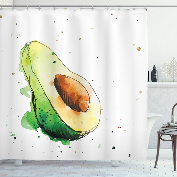 Avocado Shower Curtain, Simplistic Watercolor Art Effect Doodle Slice Tasty Gourmet Vegetable, Fabric Bathroom Set with Hooks, 69W X 84L Inches Extra Long, Pale Green Brown Green, by Ambesonne