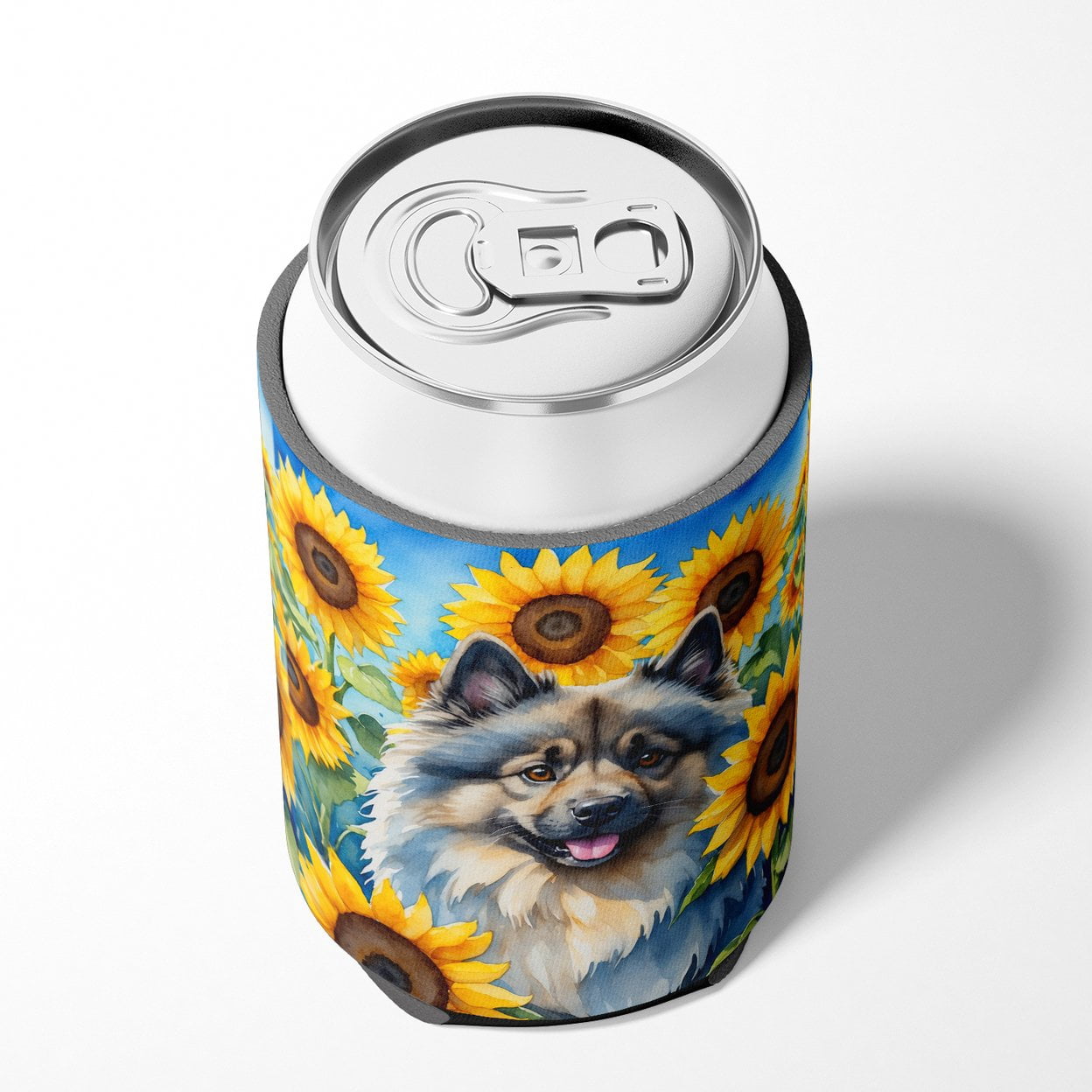 Keeshond in Sunflowers Can or Bottle Hugger 3 in x 5 in