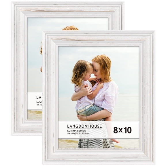 Langdon House 8x10 Weathered White Real Wood Picture Frames with Gold Accents, 2 Pack, Lumina Collection (US Company)