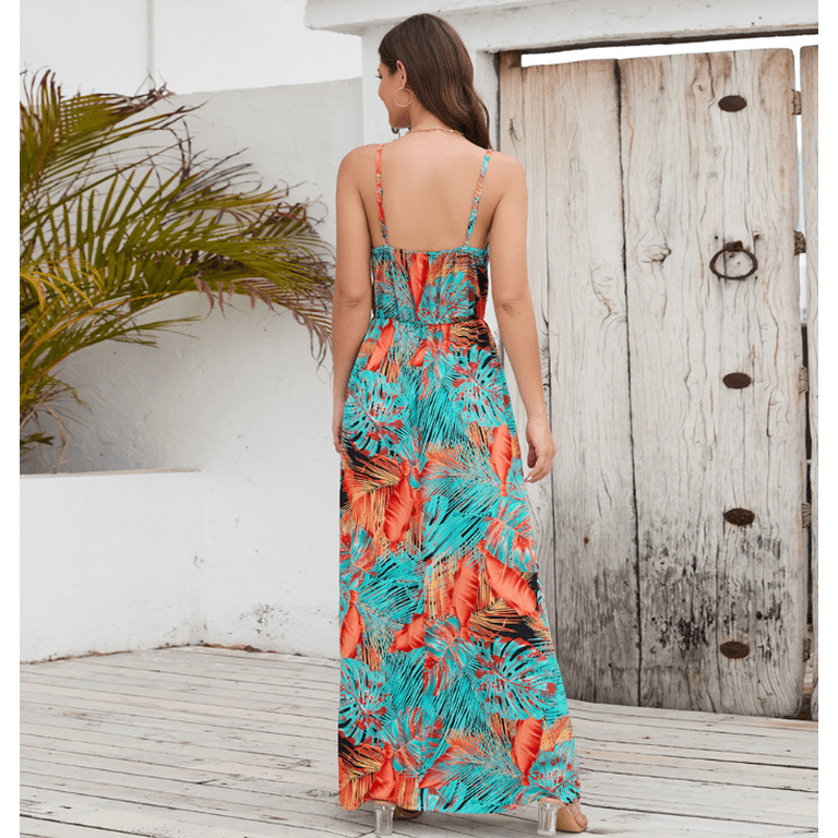 kalavika Women's Summer Casual Sleeveless Deep V-Neck Long Dress Beach Waist Maxi Dresses, Size: Large, Orange