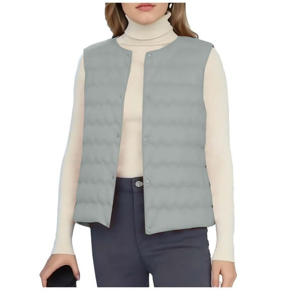 Women's Lightweight Down Vest Crewneck Button Down Packable Puffer Vest Ultra Light Slim Fit Sleeveless Waistcoat