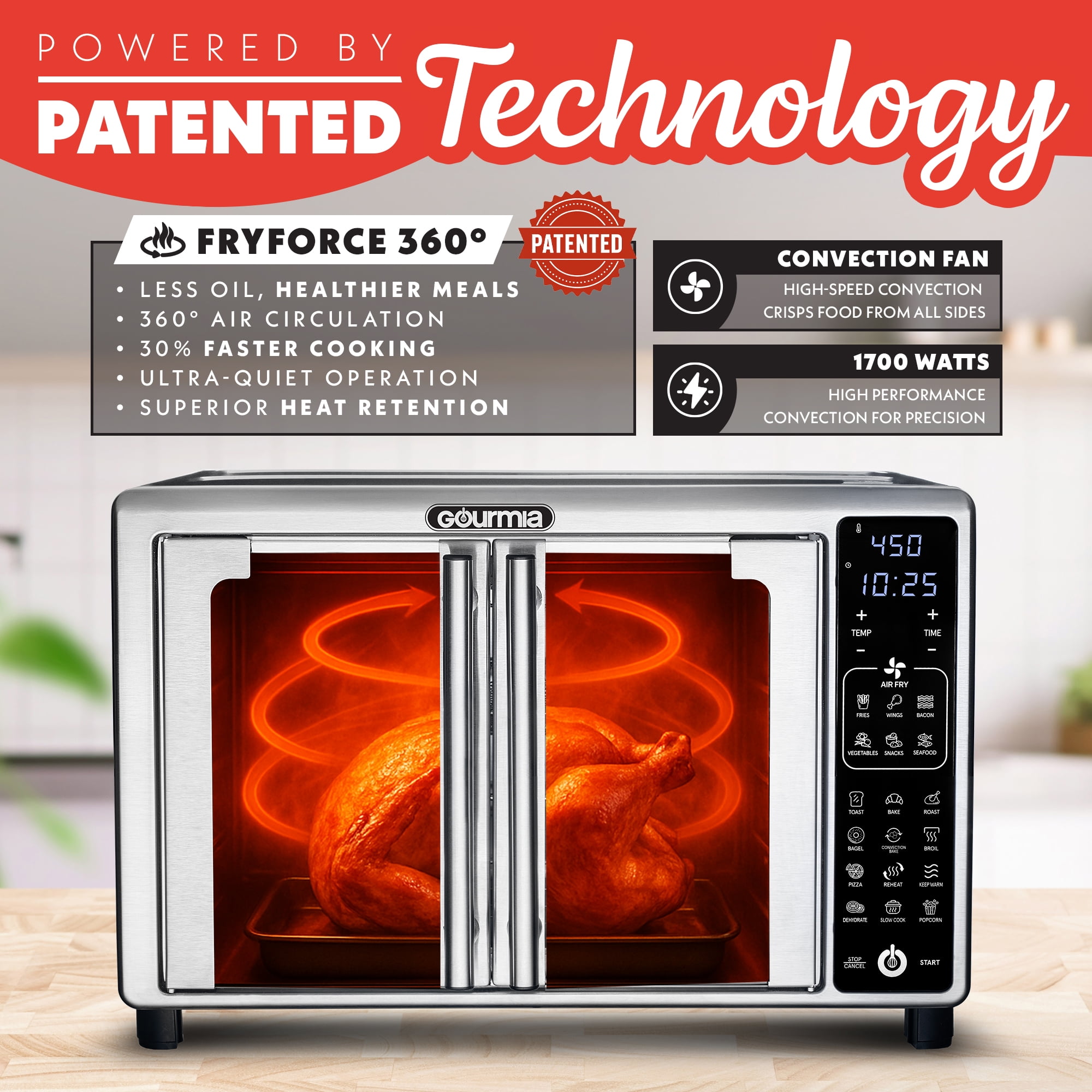 Gourmia French Door 6-Slice Digital Toaster Oven Air Fryer, 19 One-Touch Presets, 24L, Stainless Steel