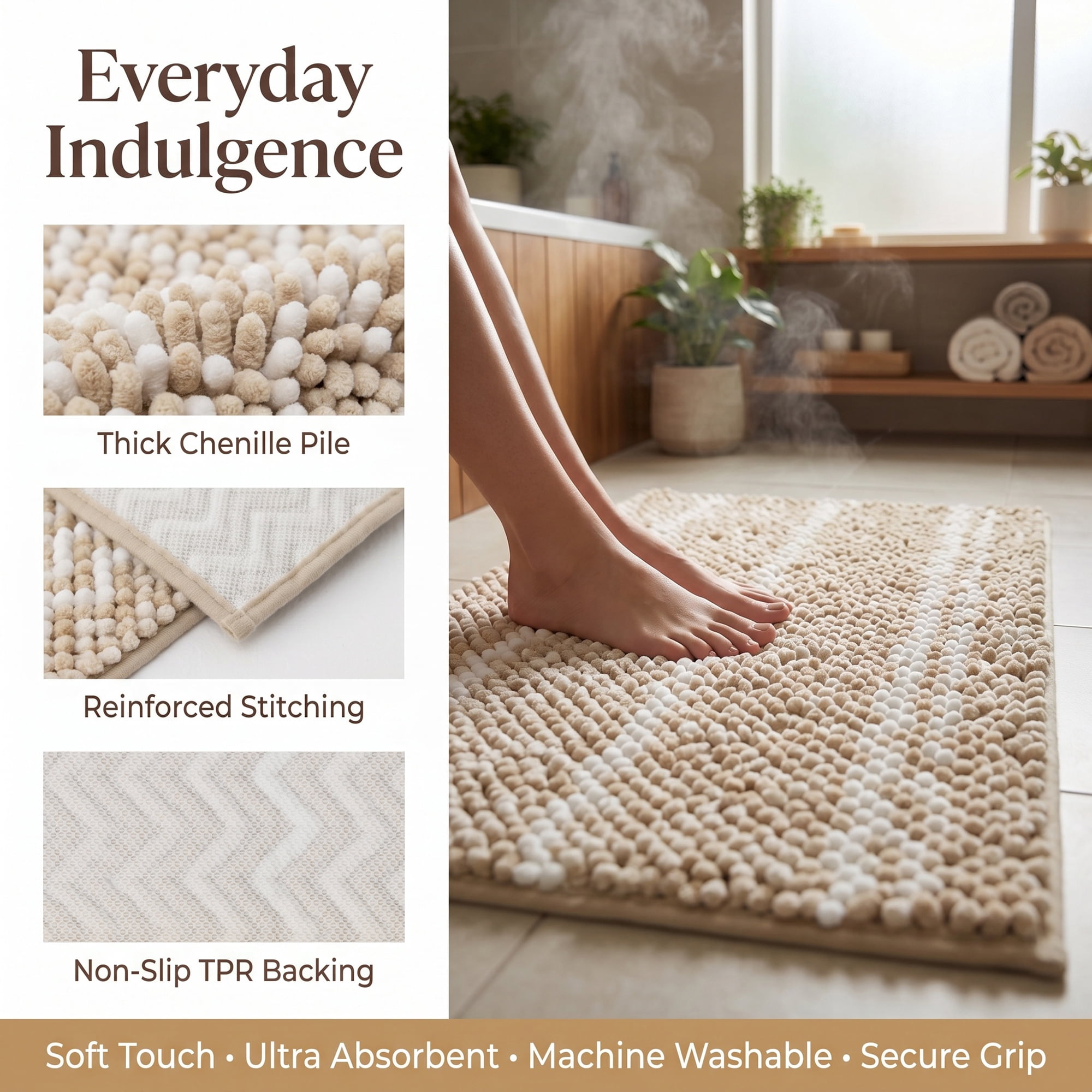 Unique Bargains Ultra Soft Non Slip Machine Washable Chenille Bath Mat Khaki 24" x 16"