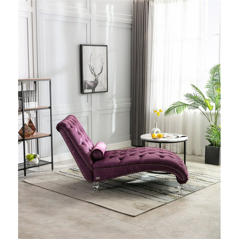 Velvet Chaise Lounge Chair Modern Accent Sofa with Waist Pillow and Tufted Backrest Sleeper Leisure Single Sofa Couch with Acrylic Feet for Living Room Bedroom Office Apartment Purple Walmart