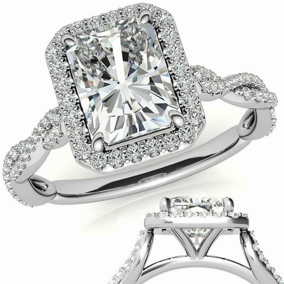 Radiant Moissanite Halo Twisted Ring in White Gold Plated Sterling Silver for Women