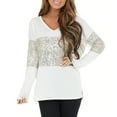 thumbnail image 2 of YWDJ Womens Tops Dressy Fashion Womens Popular Splicing Sequin V-Neck Casual Long Sleeve Tops White S, 2 of 8