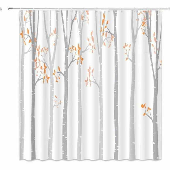 Rustic Birch Forest Shower Curtain - Vintage Grey & Orange Leaves, Farmhouse Fabric Bathroom Set with Hooks (70 WX70 H)