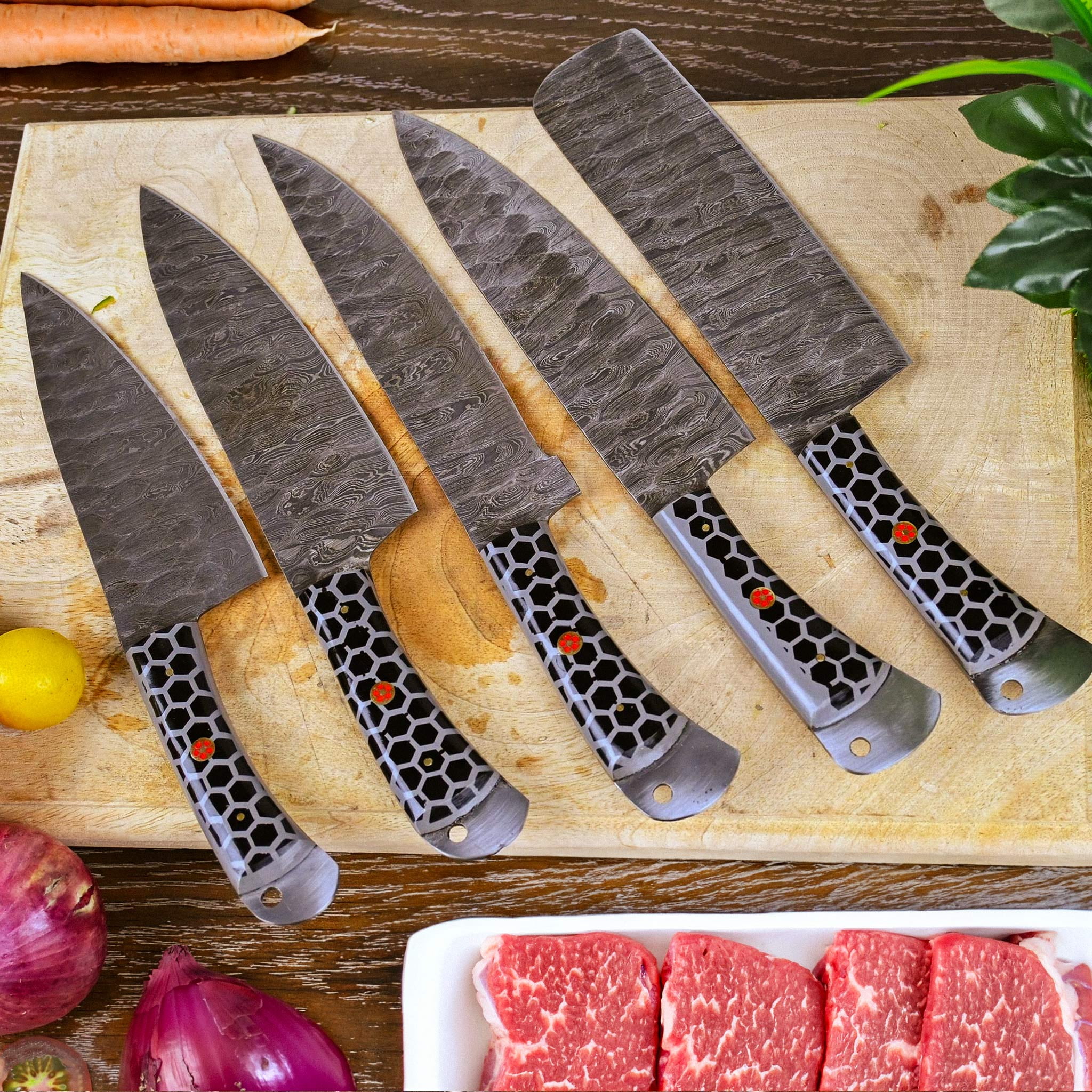 Damascus Kitchen Knife Set 5 Piece, High Carbon Steel Chef Knives with Resin & Mosaic Handles, Razor Sharp with Leather Sheath