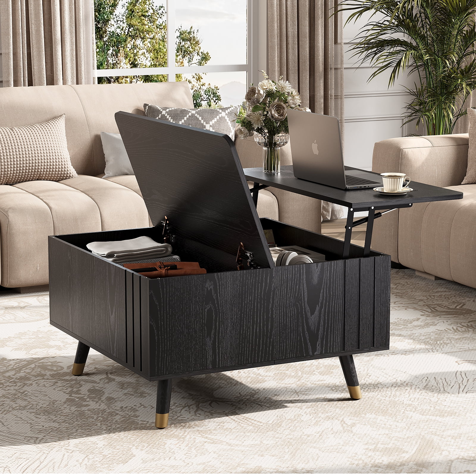 JOINICE Lift Top Coffee Table with Hidden Storage Space, Wood Square Center Table,for Living Room, Black