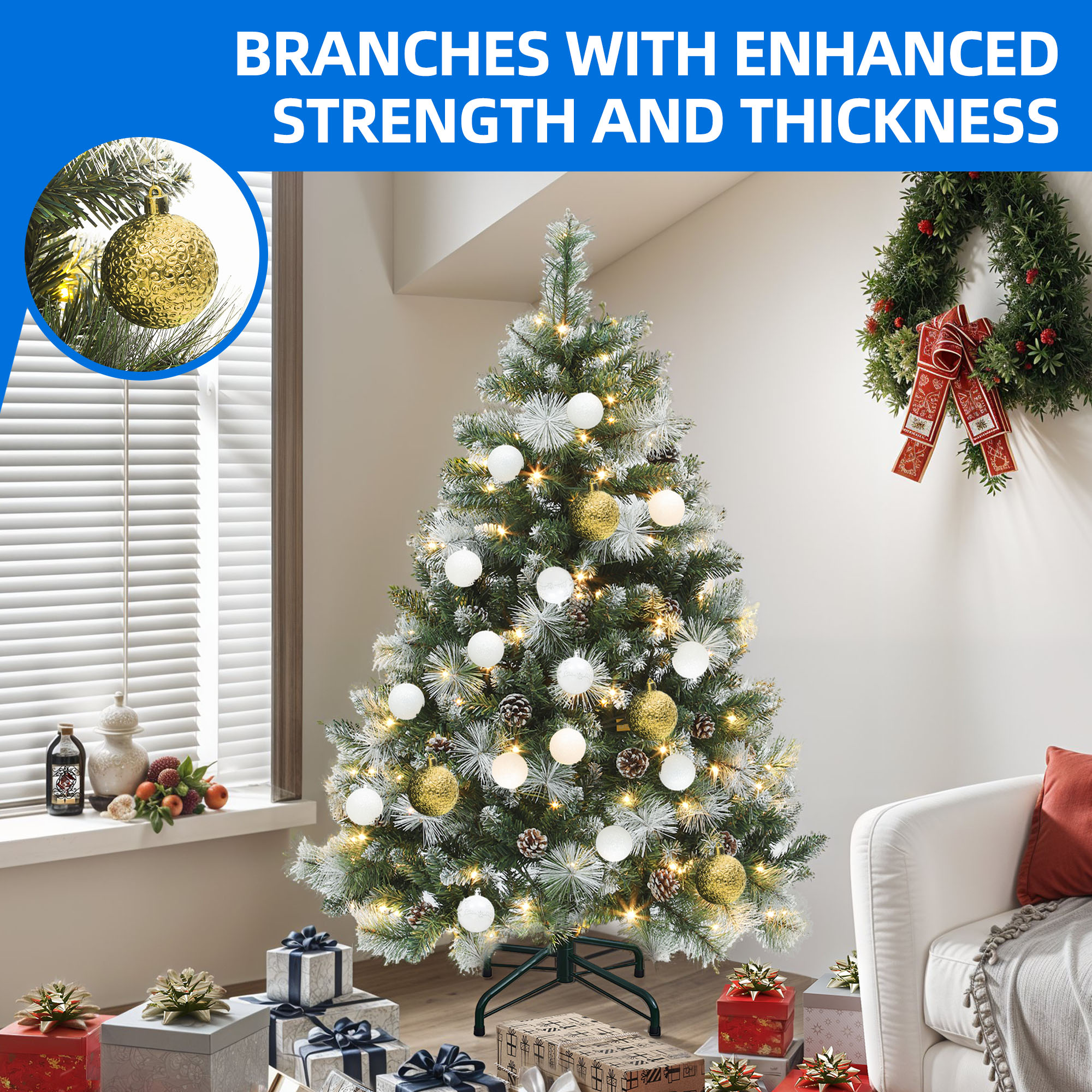 Dextrus 4.5ft Prelit Christmas Tree, Scotch Holiday Christmas Pine Tree with 396 Branch Tips,150 Warm-White Lights & 34 Pine-Cones, Remote Control, 11 modes, Green