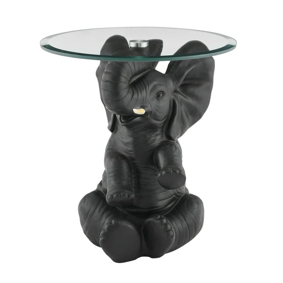Linon Ernie Elephant Glass Top Accent Table in Dark Gray Resin
