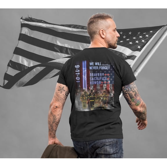 911 Patriotic Tee, 9-11 Memorial Day Shirt, We Will Never Forget Bravery Sacrifice Honor Patriotic WTC 9-11-01 Back Printed Premium Shirt