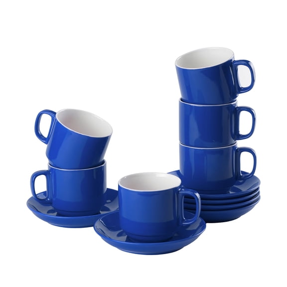 Stackable Tea Cups and Saucers, Set of 6 (8 oz), Cappuccino Cups, British Coffee Cups, Porcelain Tea Set