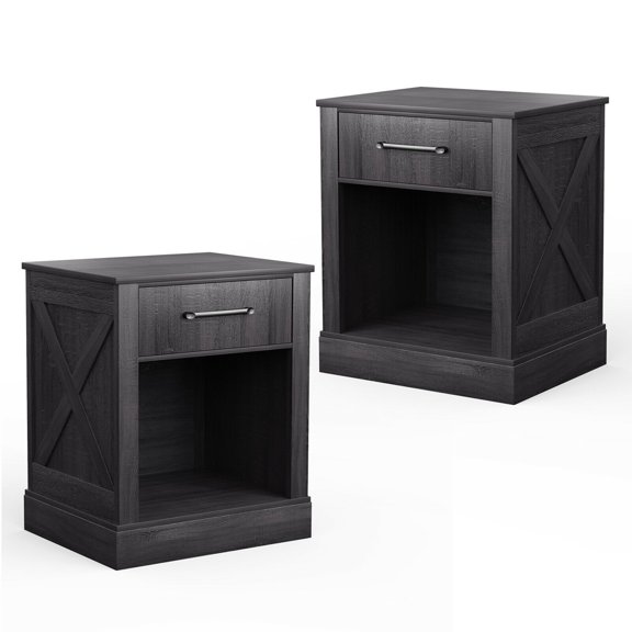 Gymax 2PCS Nightstand with Drawer and Shelf Rustic Wooden Bedside Table Bedroom Black