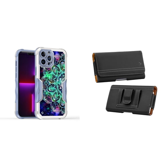 Case and Pouch Bundle for iPhone 14: Heavy Duty Armor Rugged Case (Teal Galaxy Mandala) and PU Leather Magnetic Belt Holster